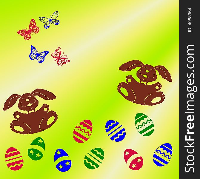Easter bunnies, coloured eggs and butterflies on a green and yellow background. Easter bunnies, coloured eggs and butterflies on a green and yellow background.