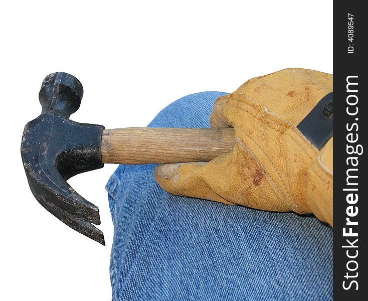 Construction worker with gloved hand holding tool against a white background. Construction worker with gloved hand holding tool against a white background.