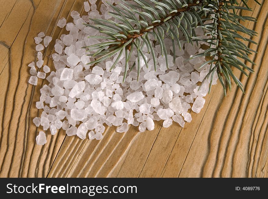 Pine bath items. sea salt with fresh branch on the old wood. Pine bath items. sea salt with fresh branch on the old wood