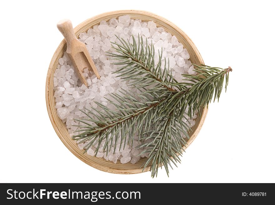 Pine bath items. sea salt with fresh branch isolated on the white background. Pine bath items. sea salt with fresh branch isolated on the white background