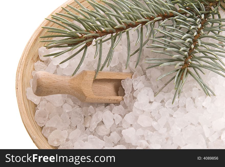 Pine bath items. sea salt with fresh branch isolated on the white background. Pine bath items. sea salt with fresh branch isolated on the white background