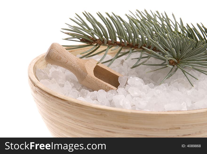 Pine bath items. sea salt with fresh branch isolated on the white background. Pine bath items. sea salt with fresh branch isolated on the white background