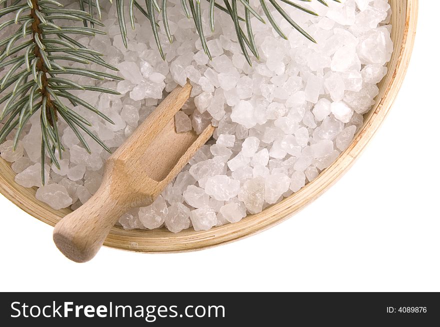 Pine bath items. sea salt with fresh branch isolated on the white background. Pine bath items. sea salt with fresh branch isolated on the white background