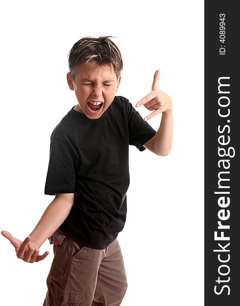 Expressive boy feeling the music and making a rock n roll hand gesture, (coma signal) on a white background