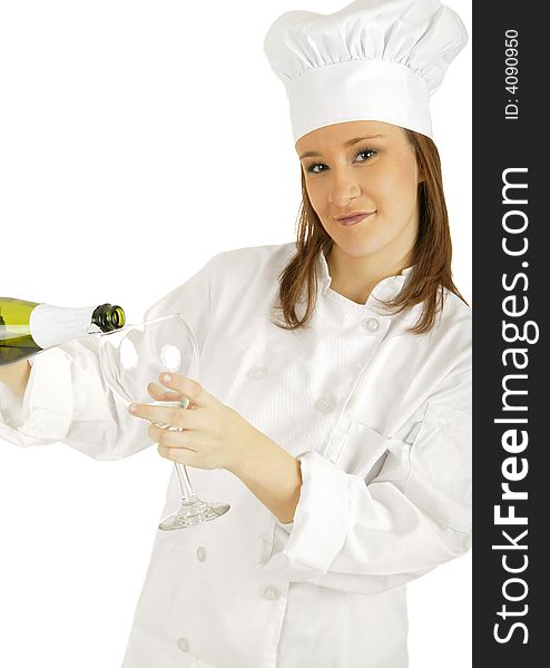 Caucasian chef pouring champagne looking at camera. Caucasian chef pouring champagne looking at camera