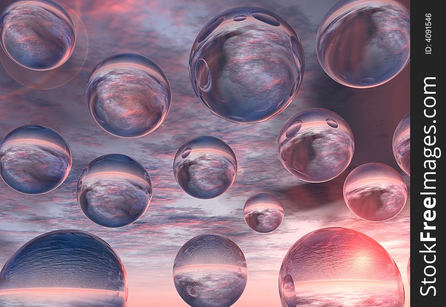 Rising water balls  on sky background - digital artwork.