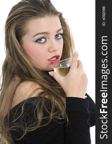 Beautiful girl with beaker on white background