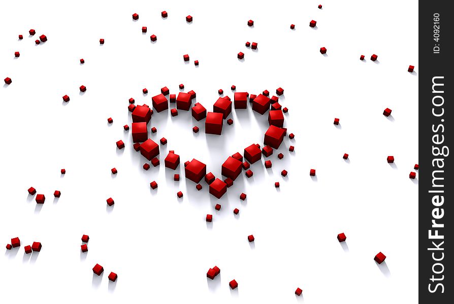 Rendered red heart made of cubes on white
