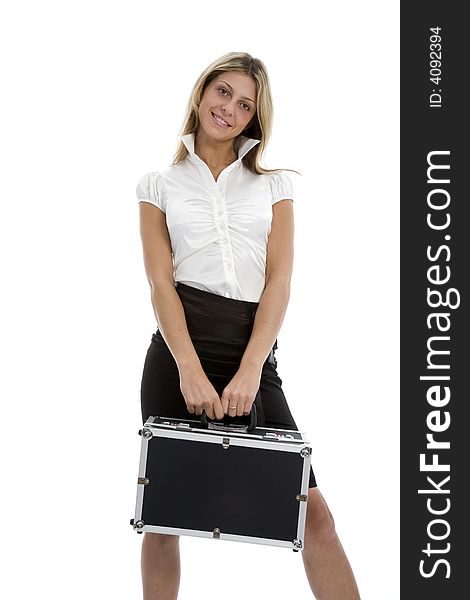 Young woman with  suitcase on  isolated background