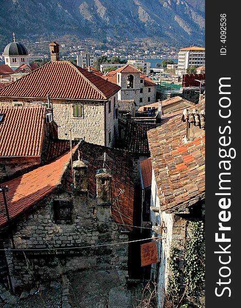 View of tiled roofs in Old Kotor, Montenegro. View of tiled roofs in Old Kotor, Montenegro