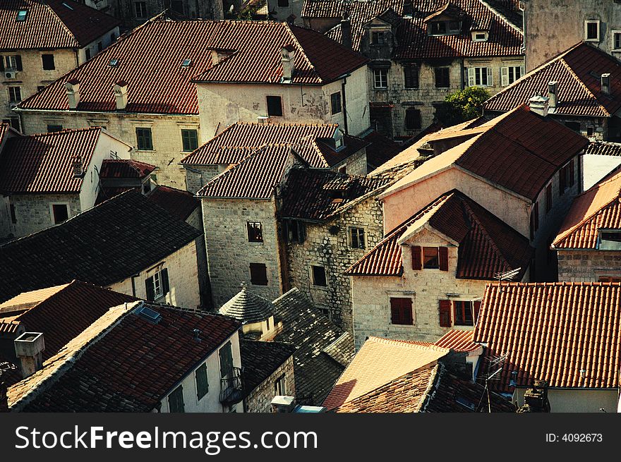 View of tiled roofs in Old Kotor, Montenegro. View of tiled roofs in Old Kotor, Montenegro