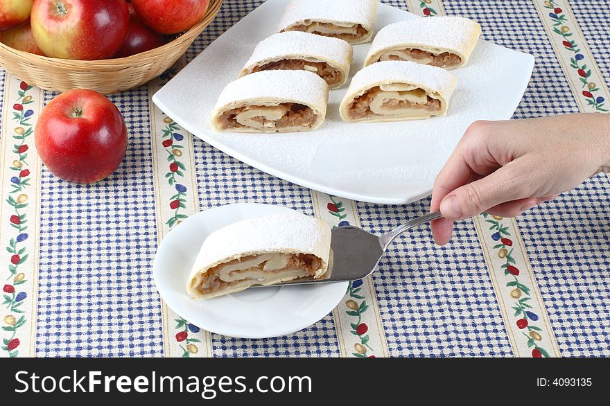 Apple roll- strudel on a plate. Apple roll- strudel on a plate