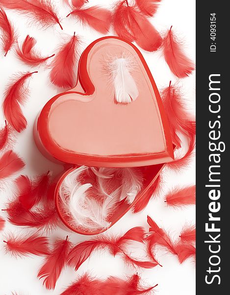 Heart shaped gift box and feathers, saint valentine's day gift