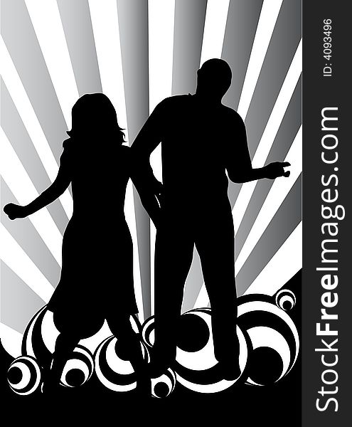 Female singer with man on black-white rings background