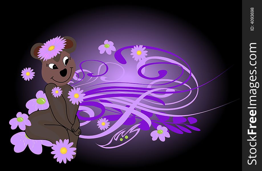 Bear with purple flowers on black background illustration