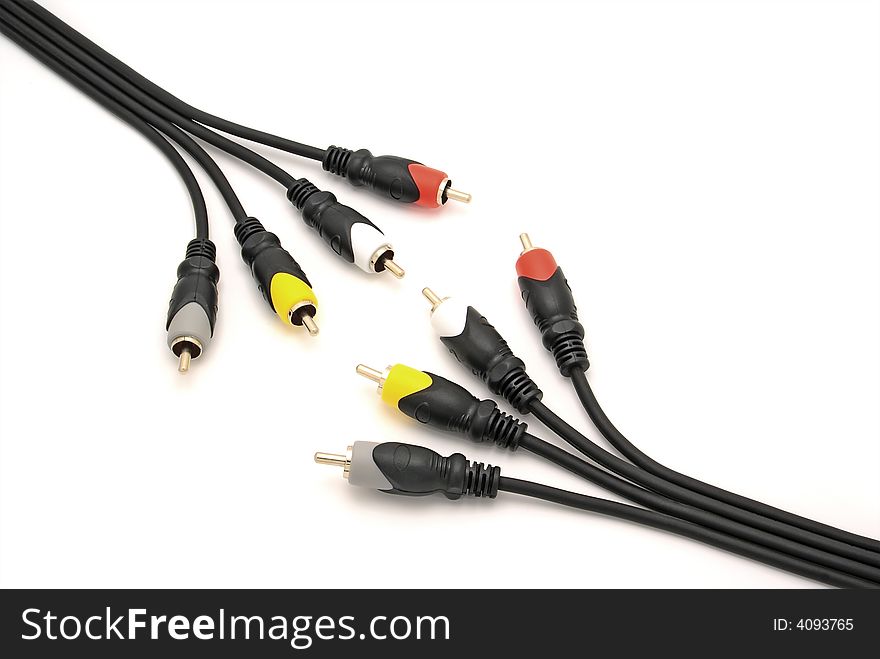 Two multimedia of cable with four sockets of one type can not create connection. Object on a white background. Two multimedia of cable with four sockets of one type can not create connection. Object on a white background.
