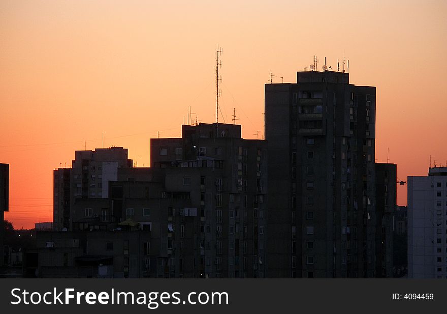 Sunset over New Belgrade blocks with anntena`s. Sunset over New Belgrade blocks with anntena`s