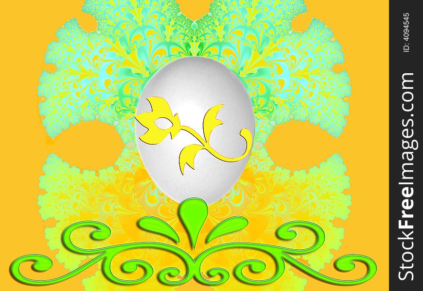 The big design has soft colors and beautiful patterns. The egg is decorated with a stylish flower. A green brench-like figure is carrying the egg. The big design has soft colors and beautiful patterns. The egg is decorated with a stylish flower. A green brench-like figure is carrying the egg.