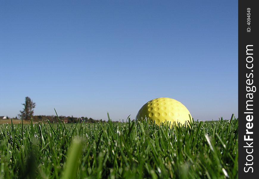 Golf ball on the green grass and sky