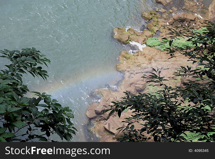 Huangguoshu waterfall vapor with rainbow