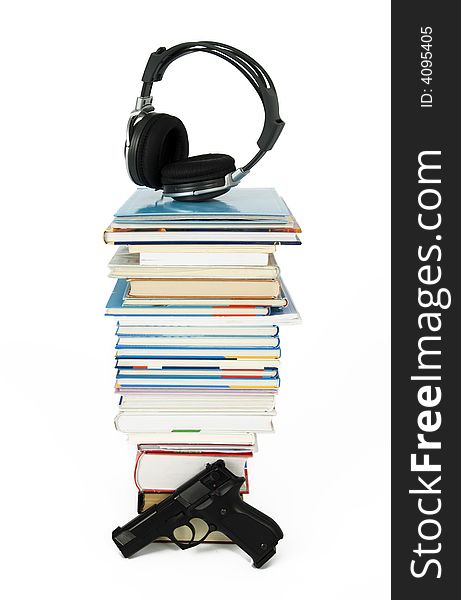 Books with headphones symbolize audiobooks. Books with headphones symbolize audiobooks.
