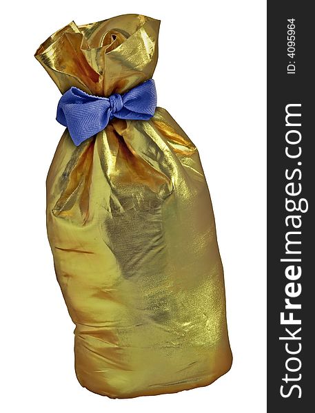 Gold sack filled with gifts. Blue ribbon. Isolatedon white. Gold sack filled with gifts. Blue ribbon. Isolatedon white.