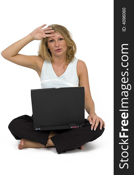 A woman working with a laptop and is sad. A woman working with a laptop and is sad.
