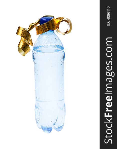 Bottle with water in gift packing on a white background