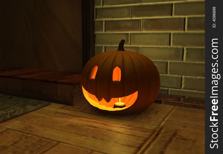 A 3D rendering of a grinning Jack-O-Lantern on a doorstep. A 3D rendering of a grinning Jack-O-Lantern on a doorstep.