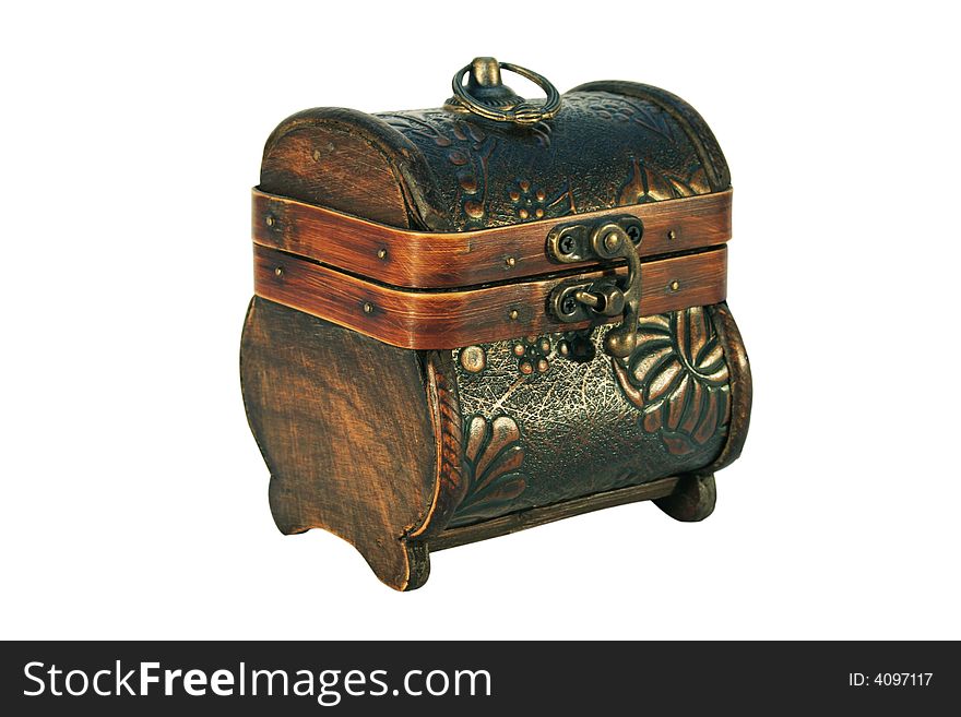 Antique wooden chest on white background