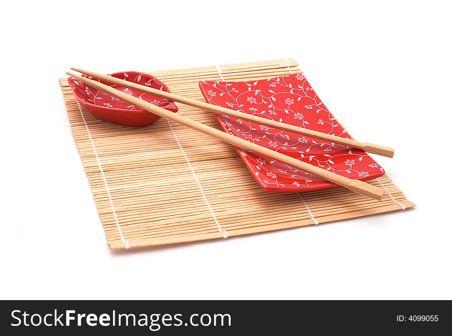 Red sushi set on bamboo mat