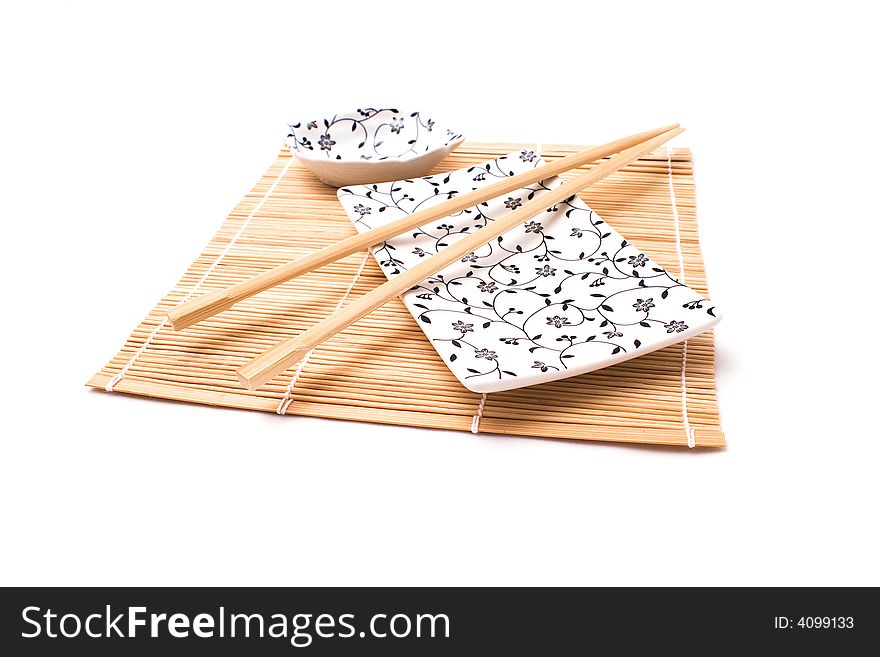 White sushi set on bamboo mat