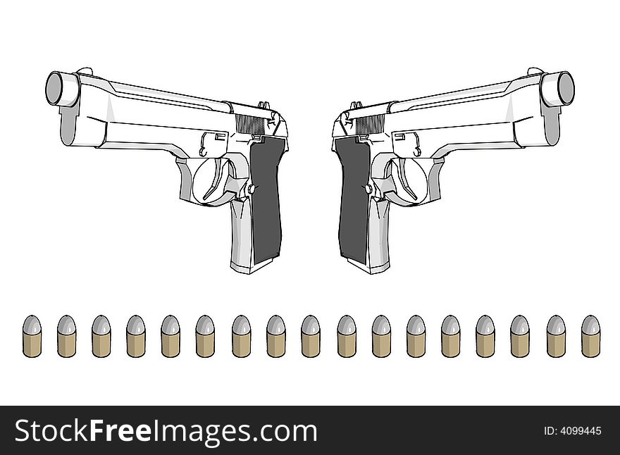 Guns with ammunition - 3d illustration on white background