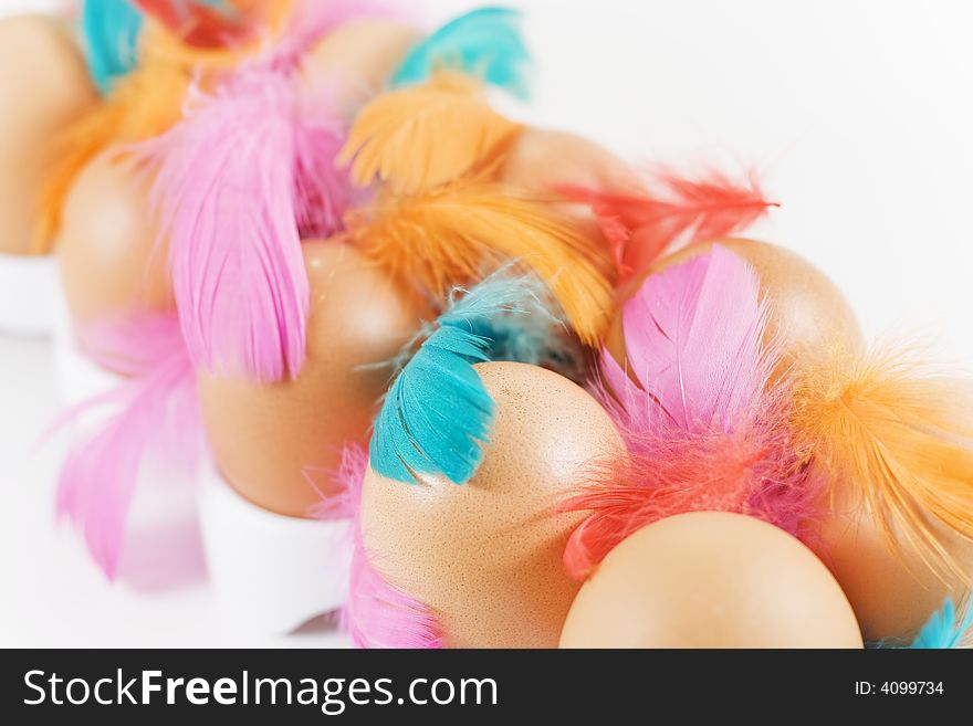 Eggs and colored feathers on white background
