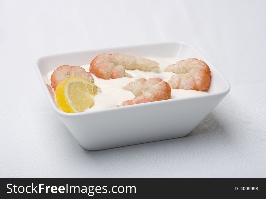 Gourmet large shrimps salad on the white backgrounds