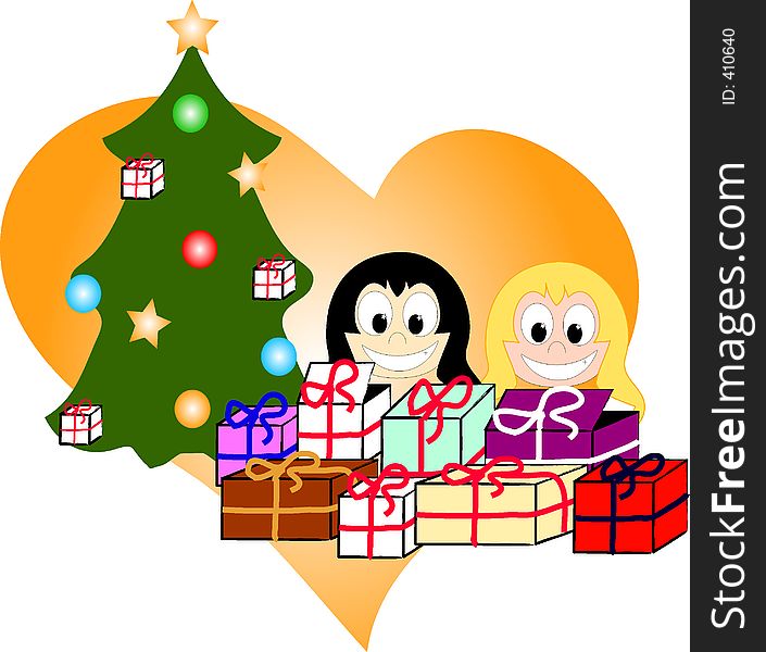 Two girls opening christmas gifts illustration. Two girls opening christmas gifts illustration