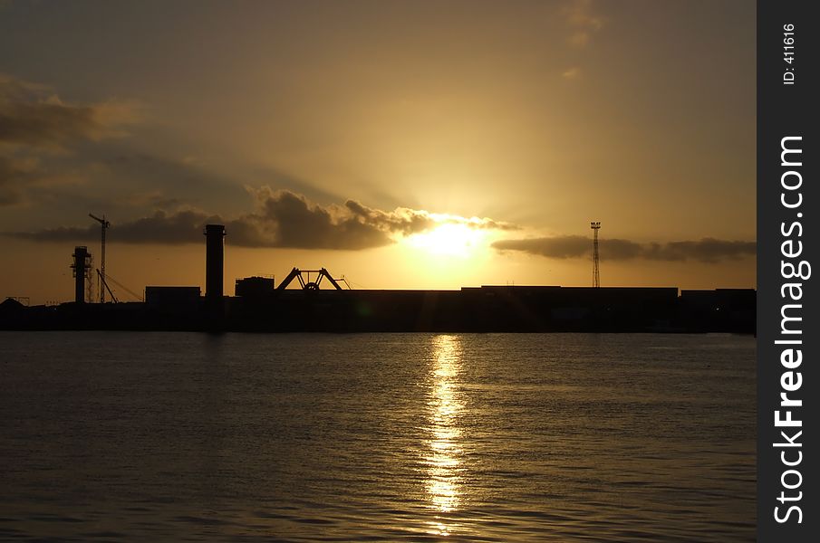 Sunset of shipping dock. Sunset of shipping dock