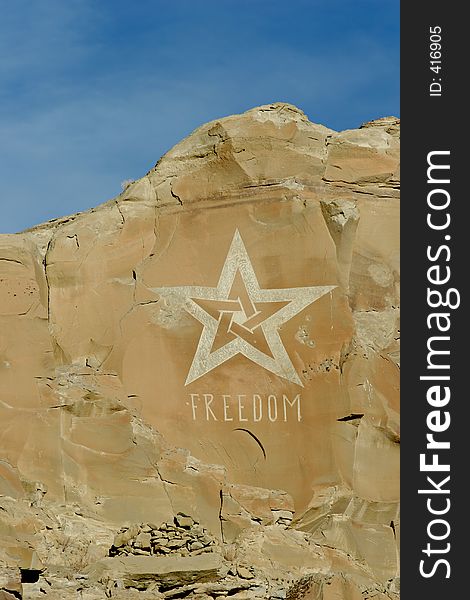 Freedom carved into stone with giant star, in the middle of nowhere, wyoming.