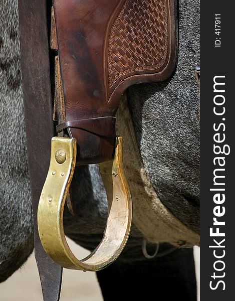 Golden stirrup and detailed leather carving on tack on blue roan horse