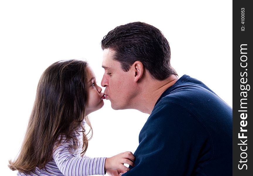 Father and daughter love and kiss on white. Father and daughter love and kiss on white