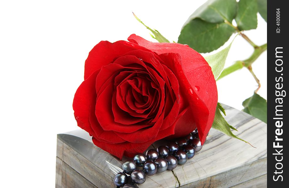 Beautiful red rose lying on stone casket with black pearls. Beautiful red rose lying on stone casket with black pearls