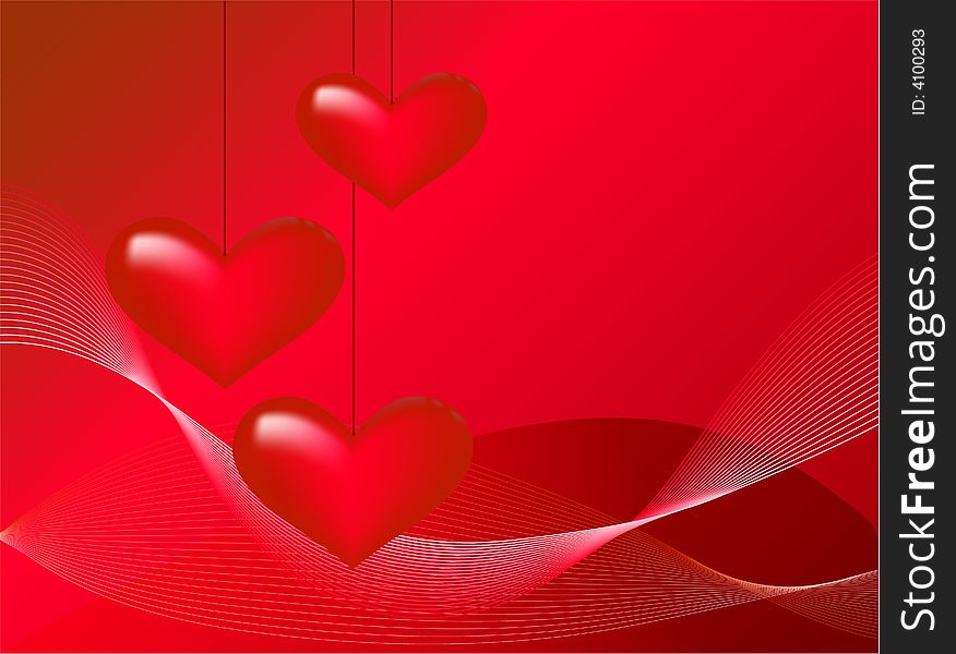 Abstract with three hearts and lines on red background. Abstract with three hearts and lines on red background