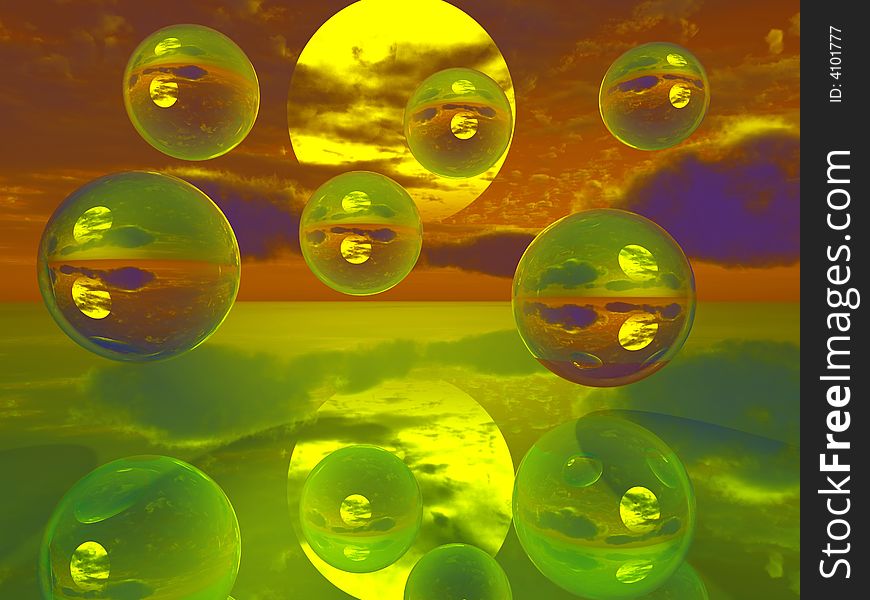 Rising  balls reflecting on a mirror surface - digital artwork. Rising  balls reflecting on a mirror surface - digital artwork.