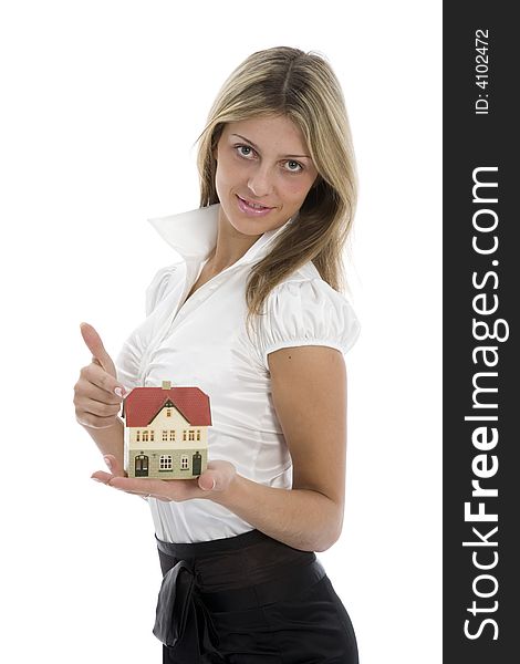 Business woman advertises real estate on isolated background