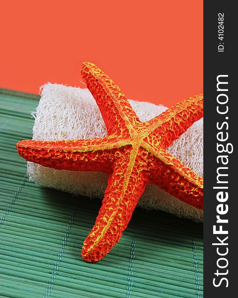 Spa and beauty products - orange starfish and loofah brush.