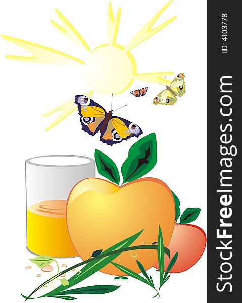 Apples, butterfly and glass of juice. Apples, butterfly and glass of juice.