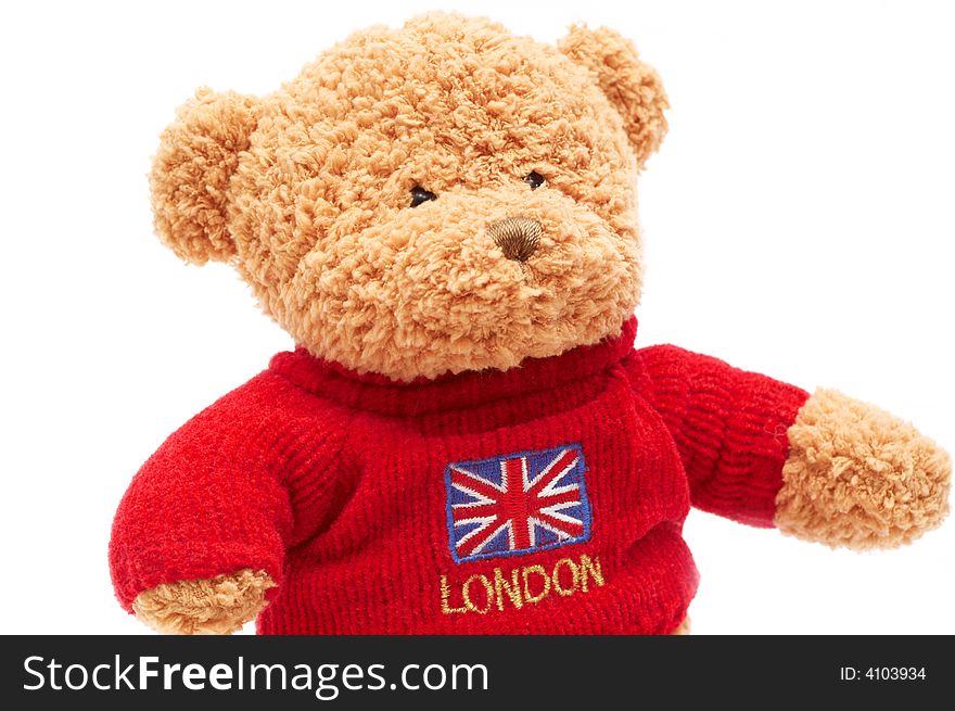 Brown Teddy Bear In Red Sweater On White