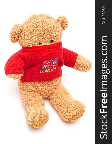 Brown Teddy Bear In Red Sweater On White