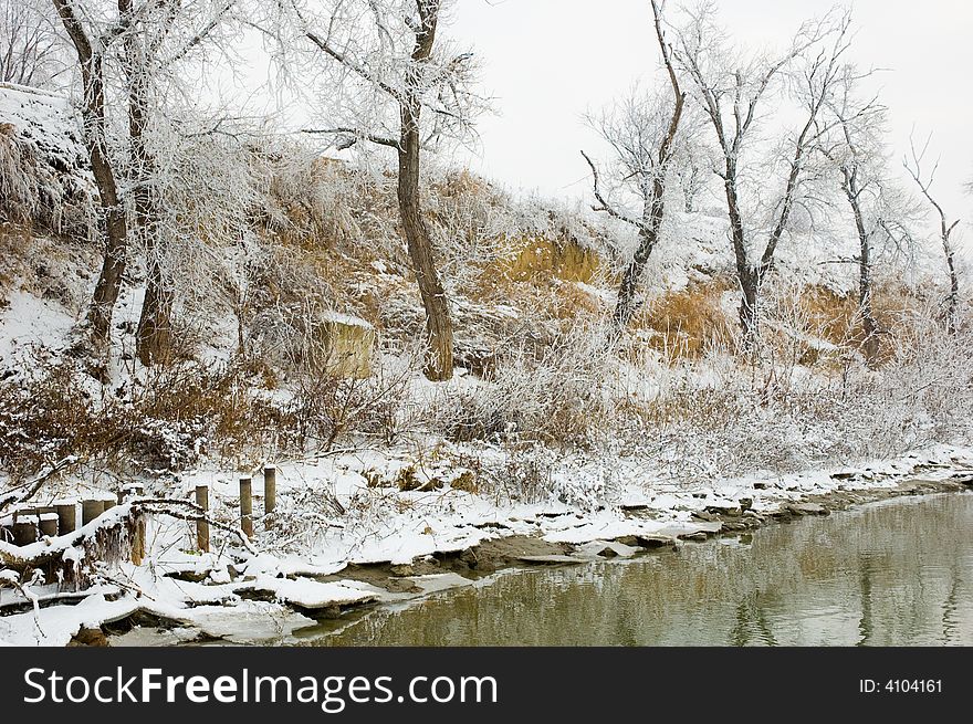 Winter Danube river bank landscape