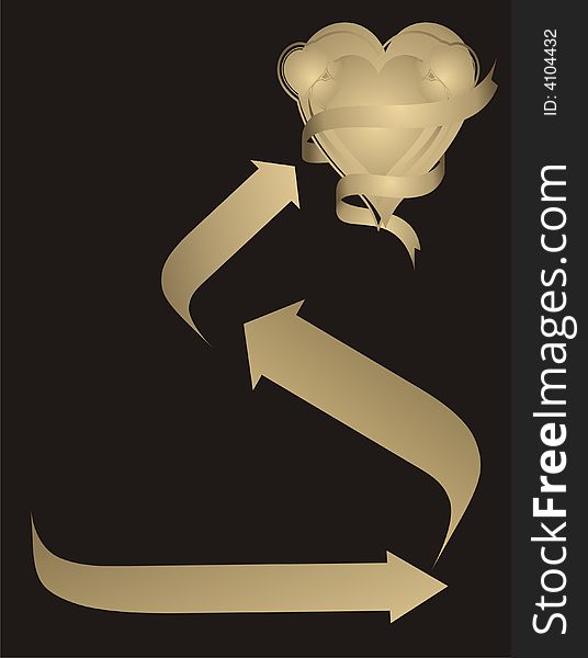 Gold Heart and arrows on black background -